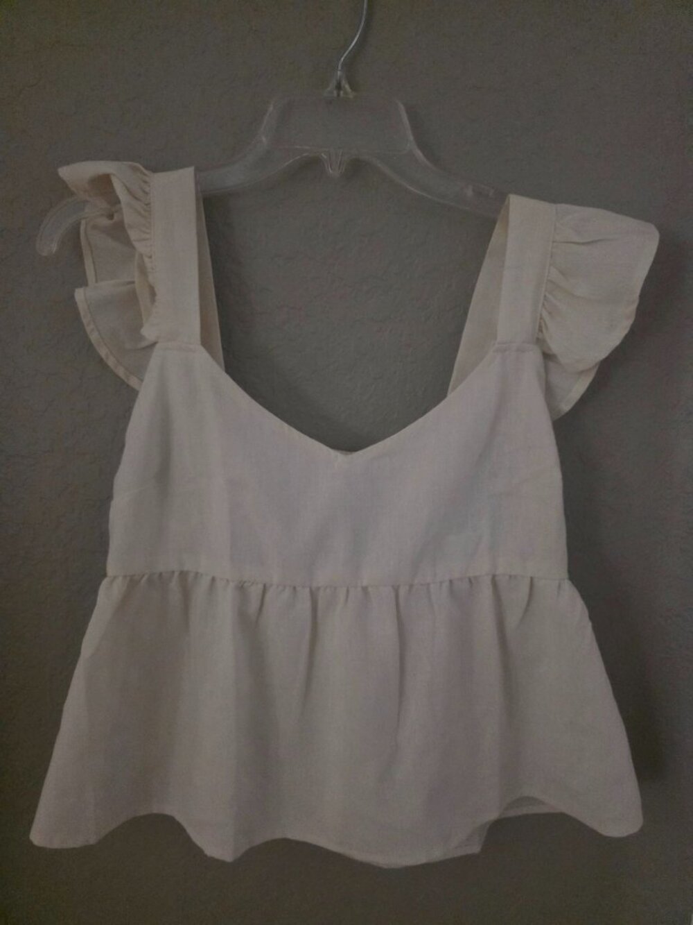 E & M Bone Neutral Ruffle Sleeve Linen Blend Cropped Top Tank Blouse L EUC